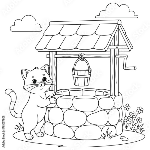 Cute kitten near an old stone water well – adorable cat and bucket line art for kids coloring books, countryside animal illustration, playful farm scene in black and white outline.