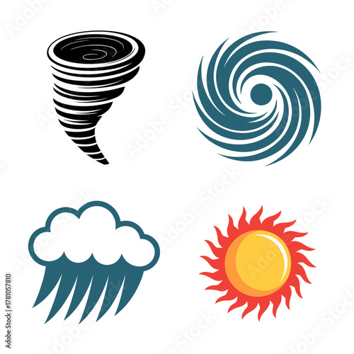 Weather icon set featuring tornado hurricane cloud with rain and sun flat vector illustration for weather forecast apps and websites