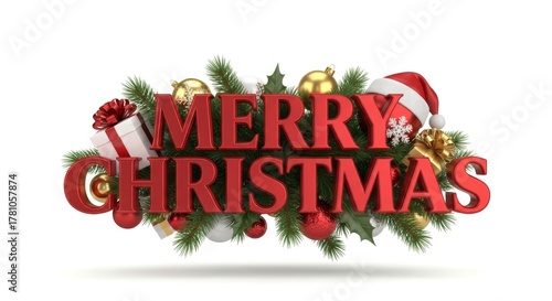 Merry Christmas 3D text with festive decorations on a white background.