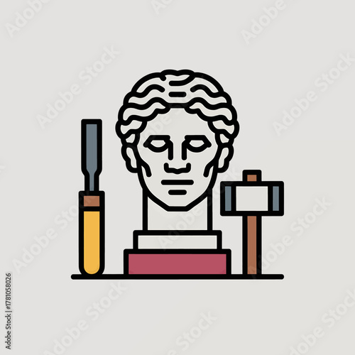 Sculpture icon with chisel and hammer flat vector illustration of sculpting tools and bust isolated on white background