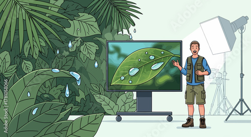 Presenter Discussing Nature Displayed On Screen In Studio Setting