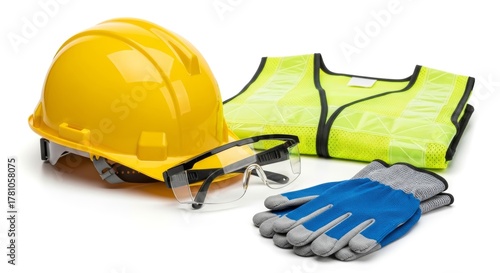 Safety Gear Essentials - Yellow Hard Hat, High-Visibility Vest, Protective Eyewear, and Work Gloves.