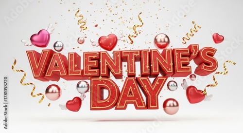 Valentines Day 3D Text with Hearts Confetti and Ornaments.