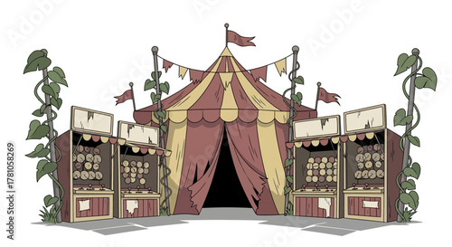 Cartoon Circus Tent and Game Booths with Bean Stalks.