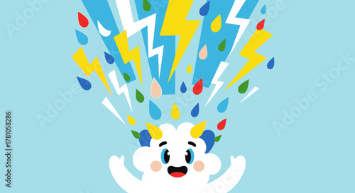 Cartoon Cloud Character with Lightning and Rain, Expressing Overwhelmed Emotions.