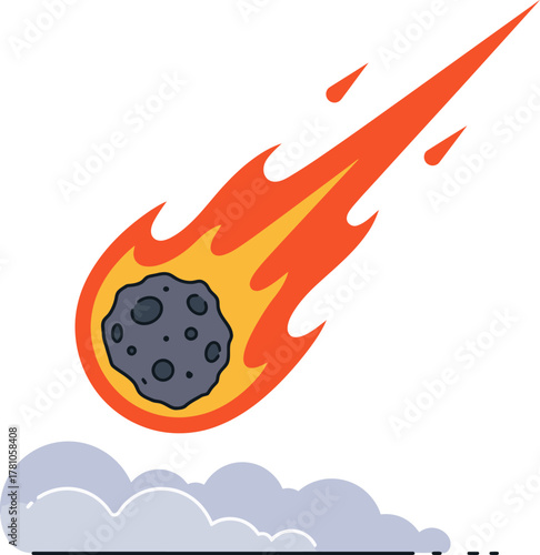 Cartoon illustration of a fiery meteor or comet with a long orange tail falling through the atmosphere, leaving a trail of smoke below.