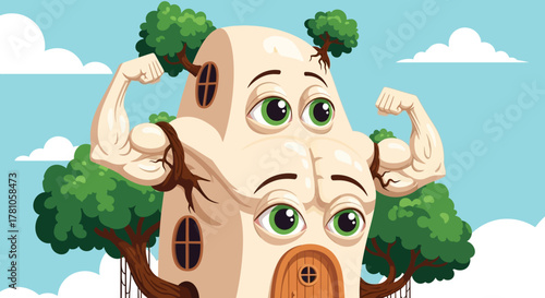 Cartoon House with Muscles - A Whimsical and Strong Abode.