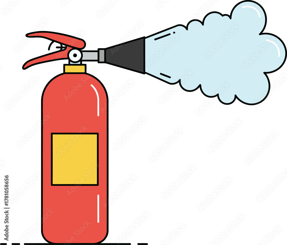 Obraz premium Emergency fire safety equipment, a red extinguisher spraying a cloud of foam for fire protection and prevention