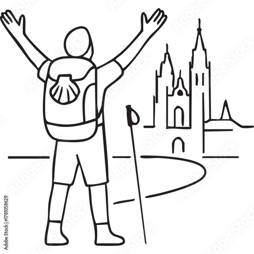 Pilgrim reaching santiago de compostela cathedral completing pilgrimage
