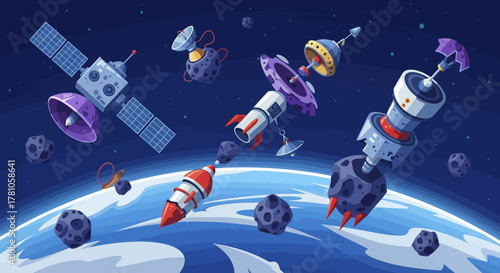 Cartoon Spacecraft and Satellites Orbiting Earth in a Cosmic Landscape.