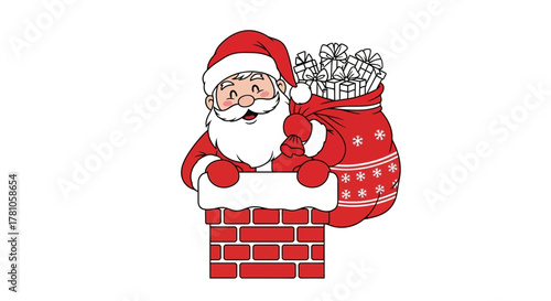 Joyful Santa Claus stuck in chimney with gifts, ready to bring holiday cheer and festive spirit to celebrations worldwide for a heartwarming Christmas season