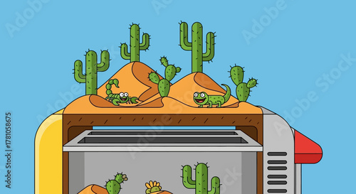 Cartoon Toaster Desert Scene with Cacti and Tortillas.