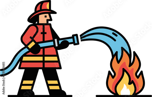 Stylized illustration of a firefighter in uniform using a hose to extinguish a small fire with water.