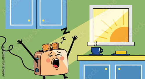 Cartoon Toaster Waking Up with Toast in a Kitchen Setting.