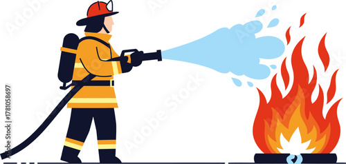 A firefighter in full gear spraying water from a hose to extinguish a large fire, illustrating emergency response and fire safety.