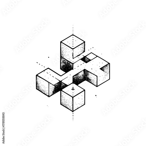 Isometric cube structure with stippling shading and dashed guide lines on a white background art piece