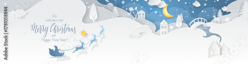 Vector Xmas paper cutout silhouette of a snowy scene with Santa’s sleigh flying over village, a river with snowdrifts, and fir trees. Background with text Merry Christmas for a holiday billboard.
