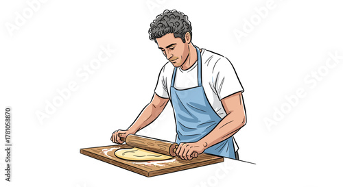 Man skillfully folding dough on wooden countertop in kitchen