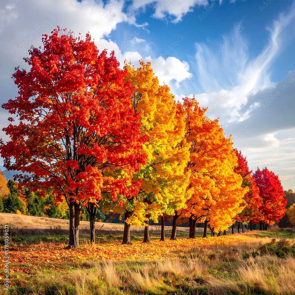 Naklejka premium Autumnal trees with brilliant colors against a clear, partly cloudy sky