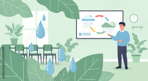 Water Cycle Presentation Meeting In Green Classroom With Plants