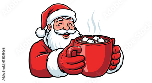 Cheerful Santa Claus enjoys steaming hot chocolate with marshmallows, a cozy holiday season treat for winter vibes and Christmas spirit