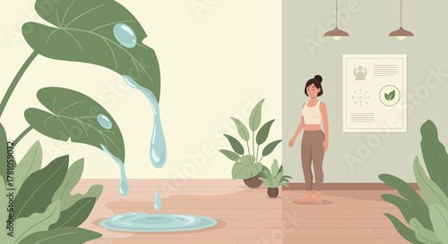 Wellness Retreat Featuring Woman, House Plants, Water Feature In Neutral Room