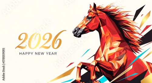 Chinese New Year 2026 — a luxurious, minimalist design featuring a silhouette of a red fire horse with gold accents on a light background. Elegant illustration, poster