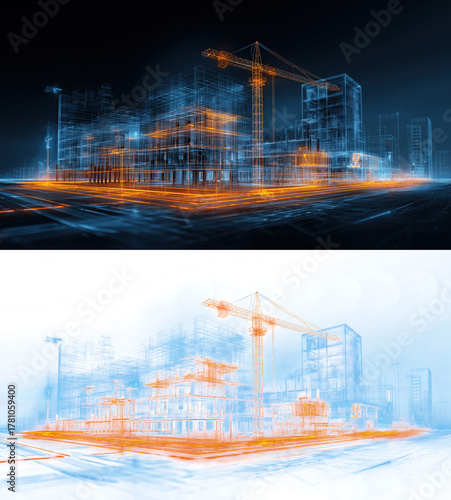 Futuristic Construction Site: Blue Orange Digital Rendering