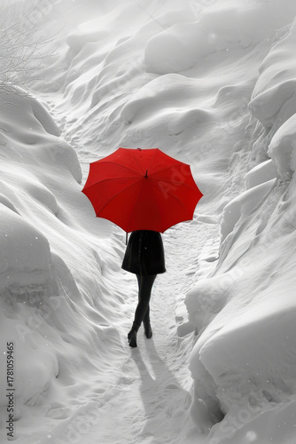 Bold woman with vibrant red umbrella navigates a stark snowy path, a striking contrast in winter's embrace