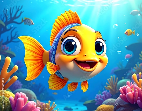 Animated happy fish swimming in vibrant coral reef, bright sunlight