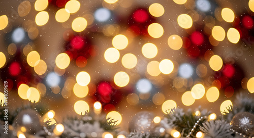 Enchanting bokeh background with warm golden and red holiday lights, adorned with frosted evergreen branches and delicate silver ornaments, creating a serene winter festive scene
