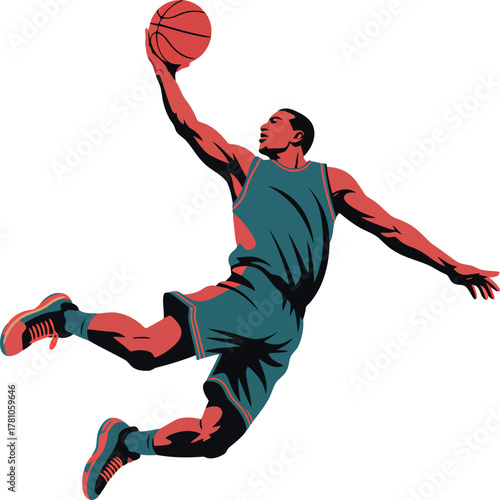 Athletic man in mid air dunking basketball player action