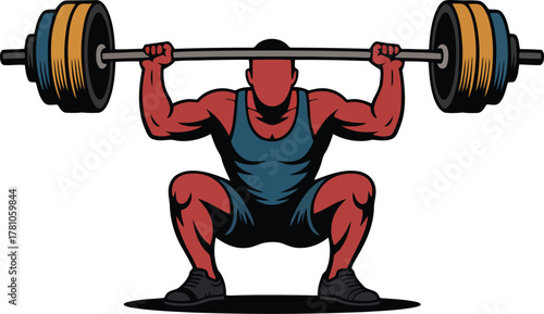 Muscular athlete lifting heavy barbell in squat position weightlifting