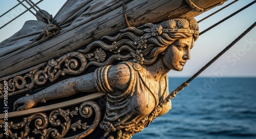 Ornate wooden figurehead of a classic sailing vessel at sea