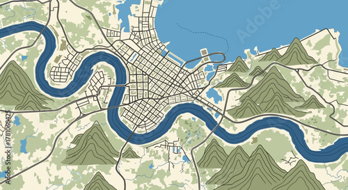 Cityscape with River and Mountains Illustration.