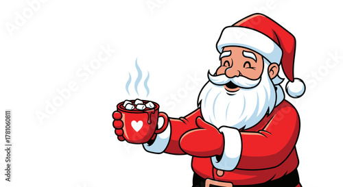 Jolly Santa Claus offering warm cocoa with marshmallows, perfect for festive holiday cheer and heartwarming Christmas greetings, ideal for winter celebrations