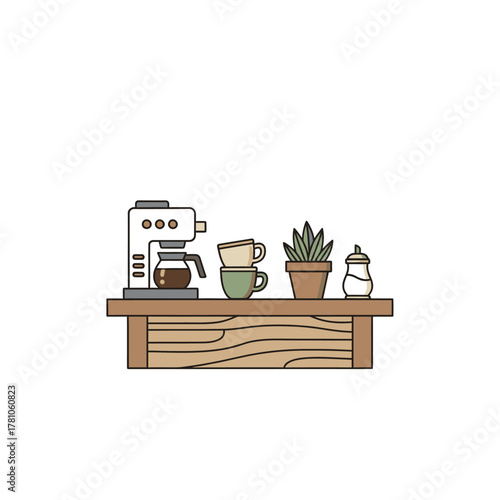 Coffee Maker, Cups, Plant, and Sugar Container on Wooden Shelf Illustration.