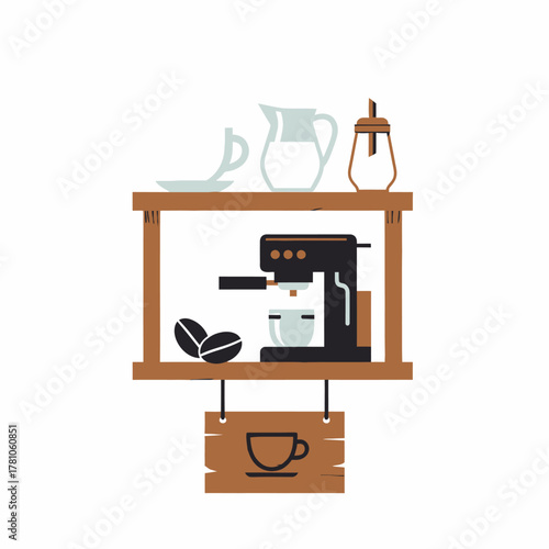 Coffee Shop Shelf with Coffee Maker and Accessories Illustration.