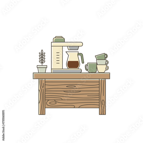 Coffee Station with Coffee Maker, Cups, and Plant on Wooden Table.