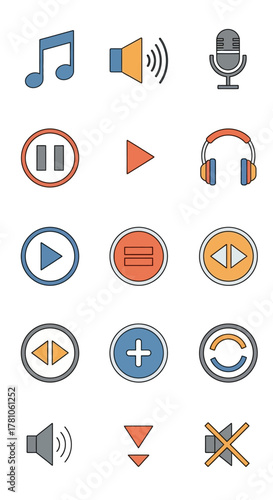 Collection of Audio and Music Icons for Media and Sound Design.