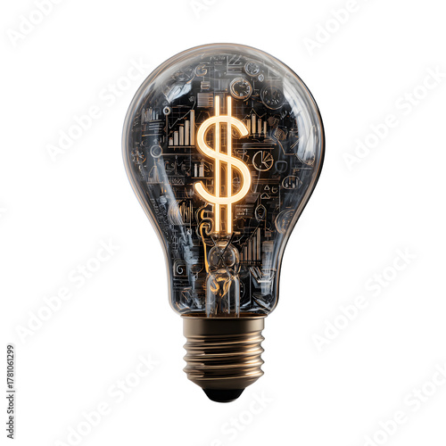Glowing Dollar Sign Light Bulb with Financial Charts