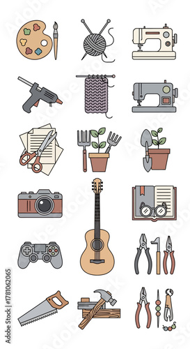 Collection of Craft and Hobby Icons - Art, Sewing, Gardening, Music, and Tools.