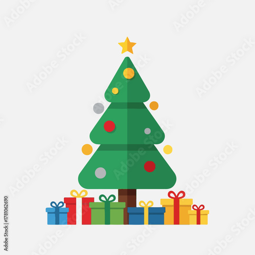 Festive Christmas tree with colorful presents under bright star