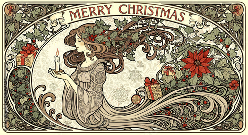 Vintage Christmas illustration featuring woman with candle and gifts  