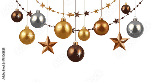 Decorative Christmas ornaments and stars hanging on garland  