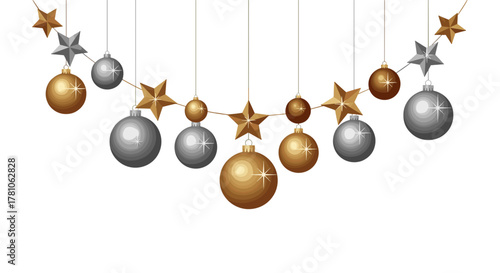 Christmas decorations with silver and gold baubles and stars
