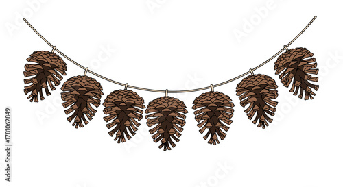 Decorative pine cone garland on string for festive occasions  