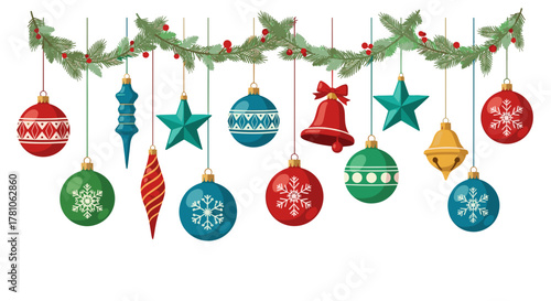 Christmas ornaments hanging on garland with pine and holly leaves  