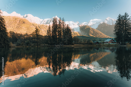 Scenic view of Mont Blanc massif reflecting in Lac des Gaillands during the sunset at France