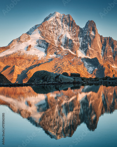 Scenic Mont Blanc Massif with mountain goat on Lac Blanc reflection in French Alps at Chamonix, France